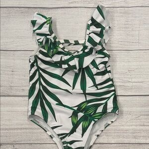 pat pat Baby Girls Green and White Tropical Leaf One Piece Swimsuit